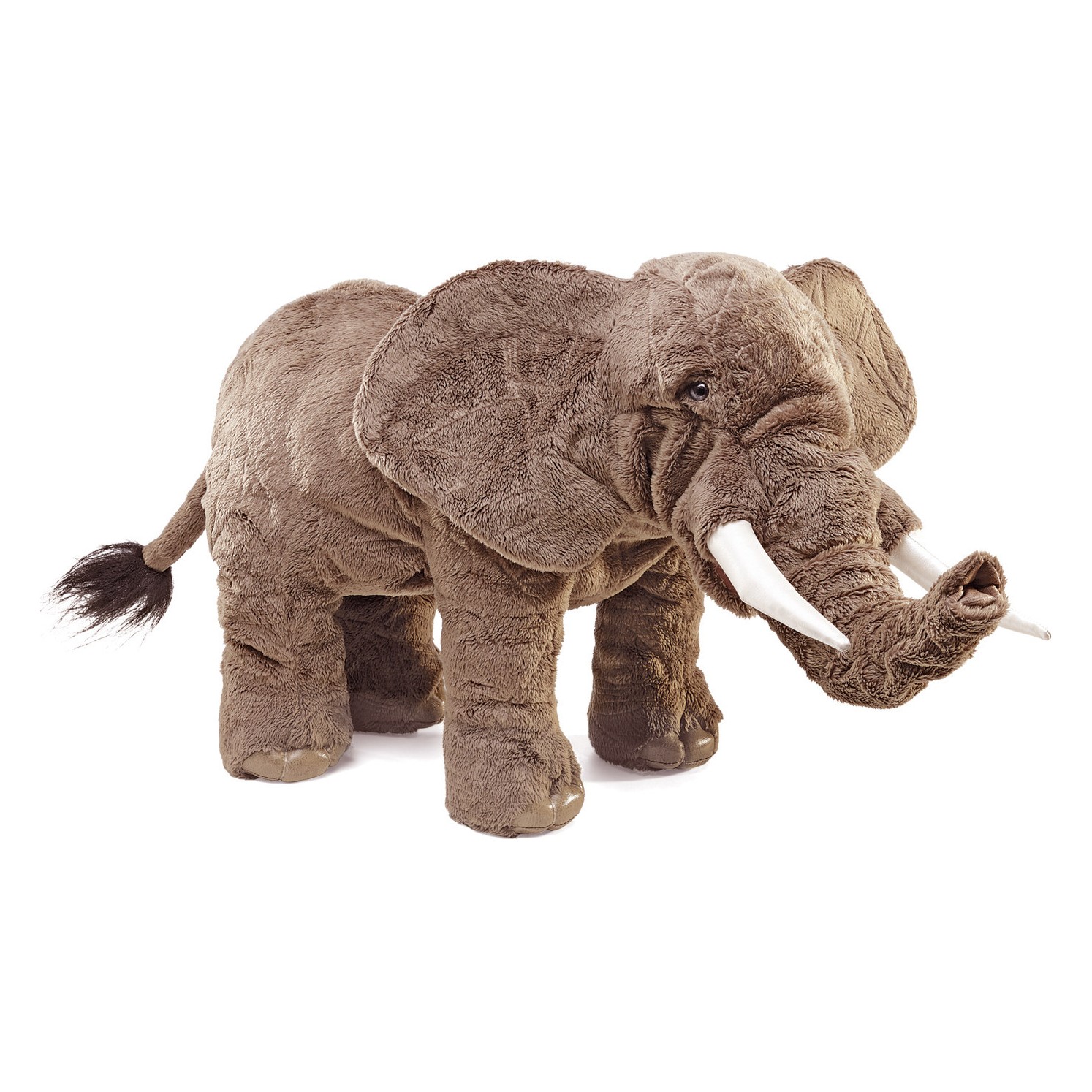 Folkmanis elephant hand puppet in grey plush, standing with movable trunk and white tusks, side view