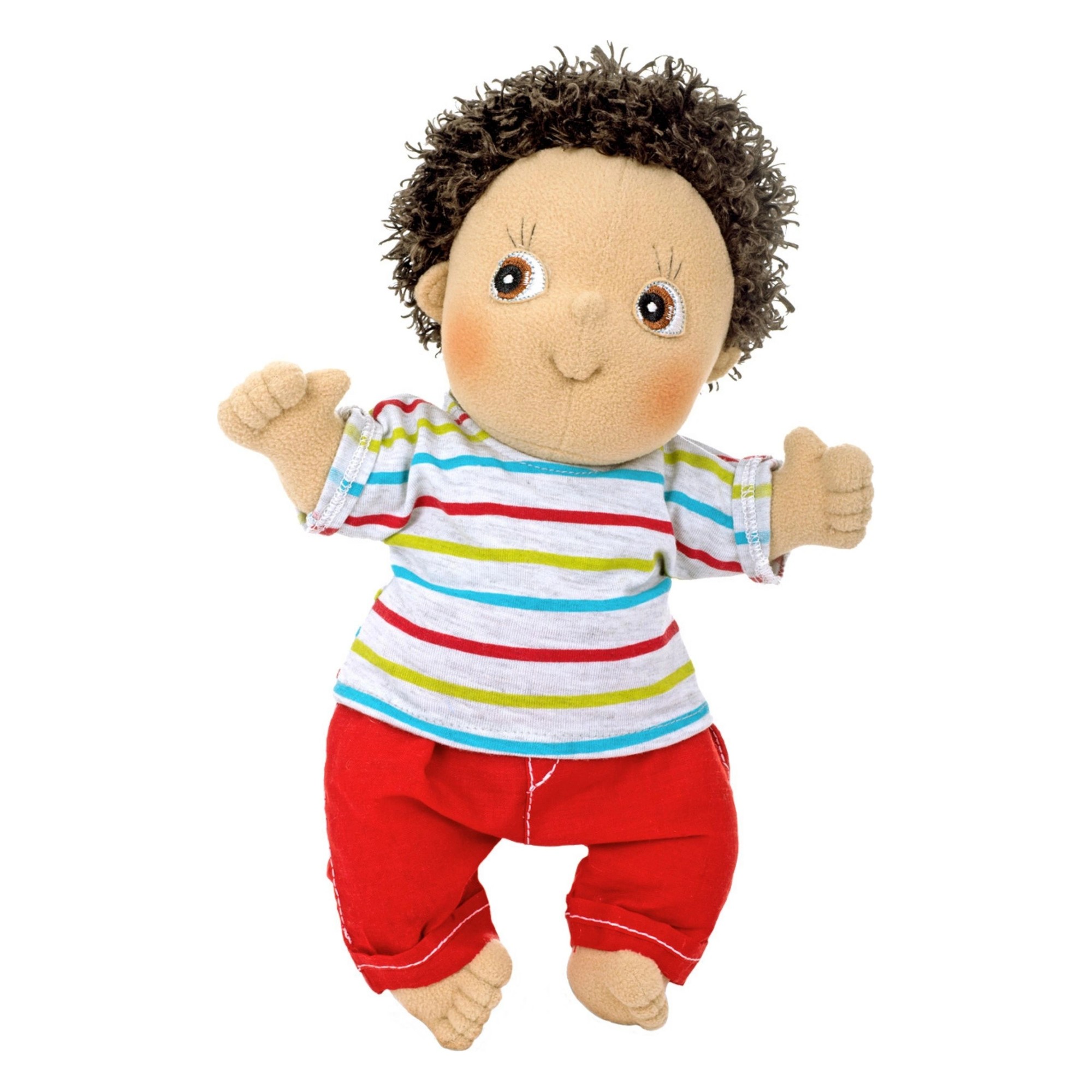 Rubens Cutie doll Charlie with dark curls, colourful striped shirt and red trousers
