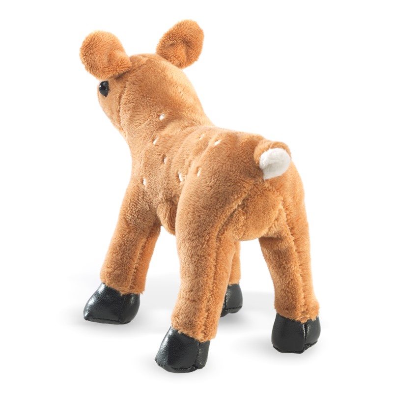 Folkmanis mini fawn finger puppet in light brown with white spots, black hooves and a white tail, angled view