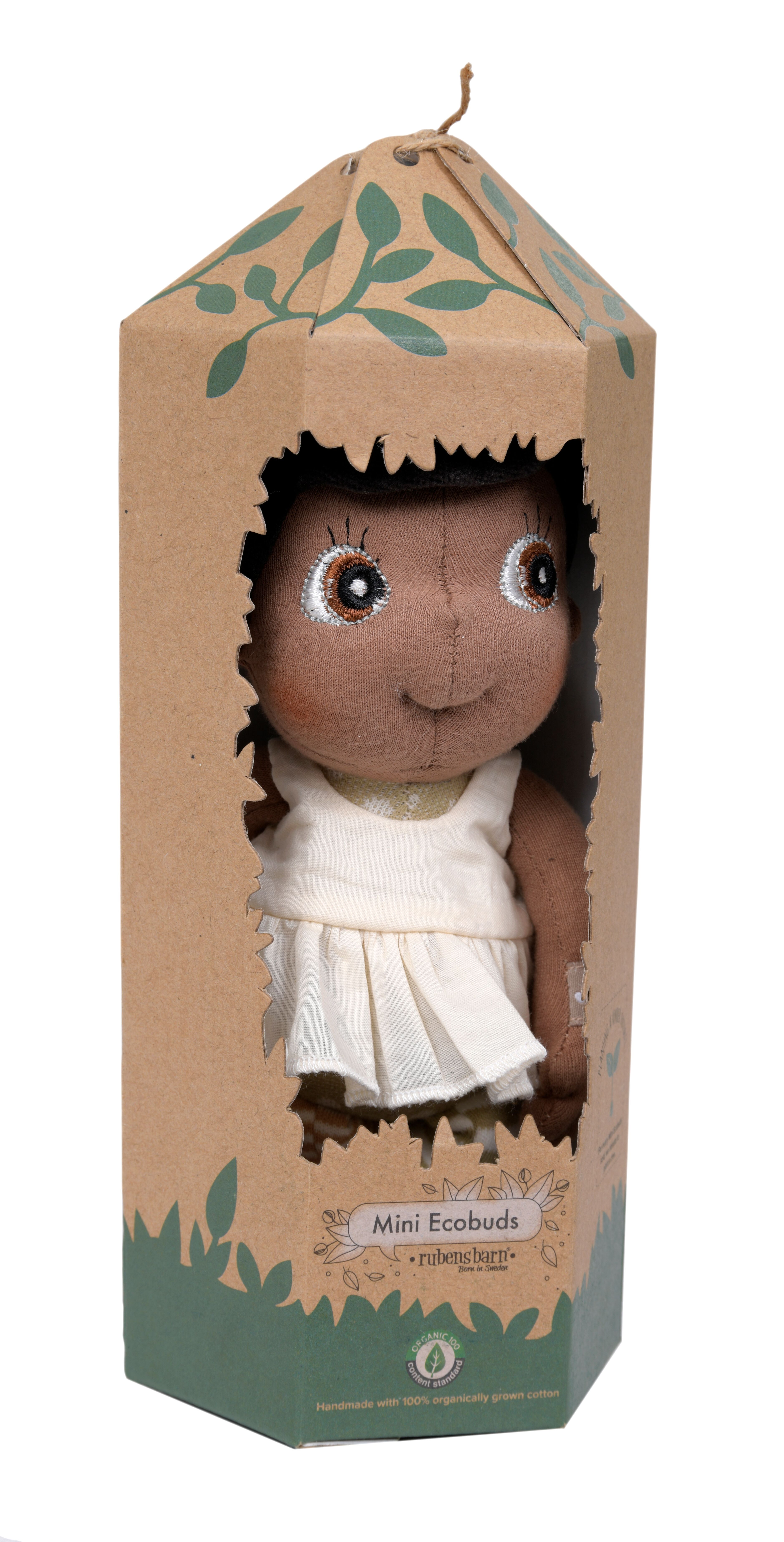 Rubens EcoBuds mini doll Flora in the natural cardboard packaging