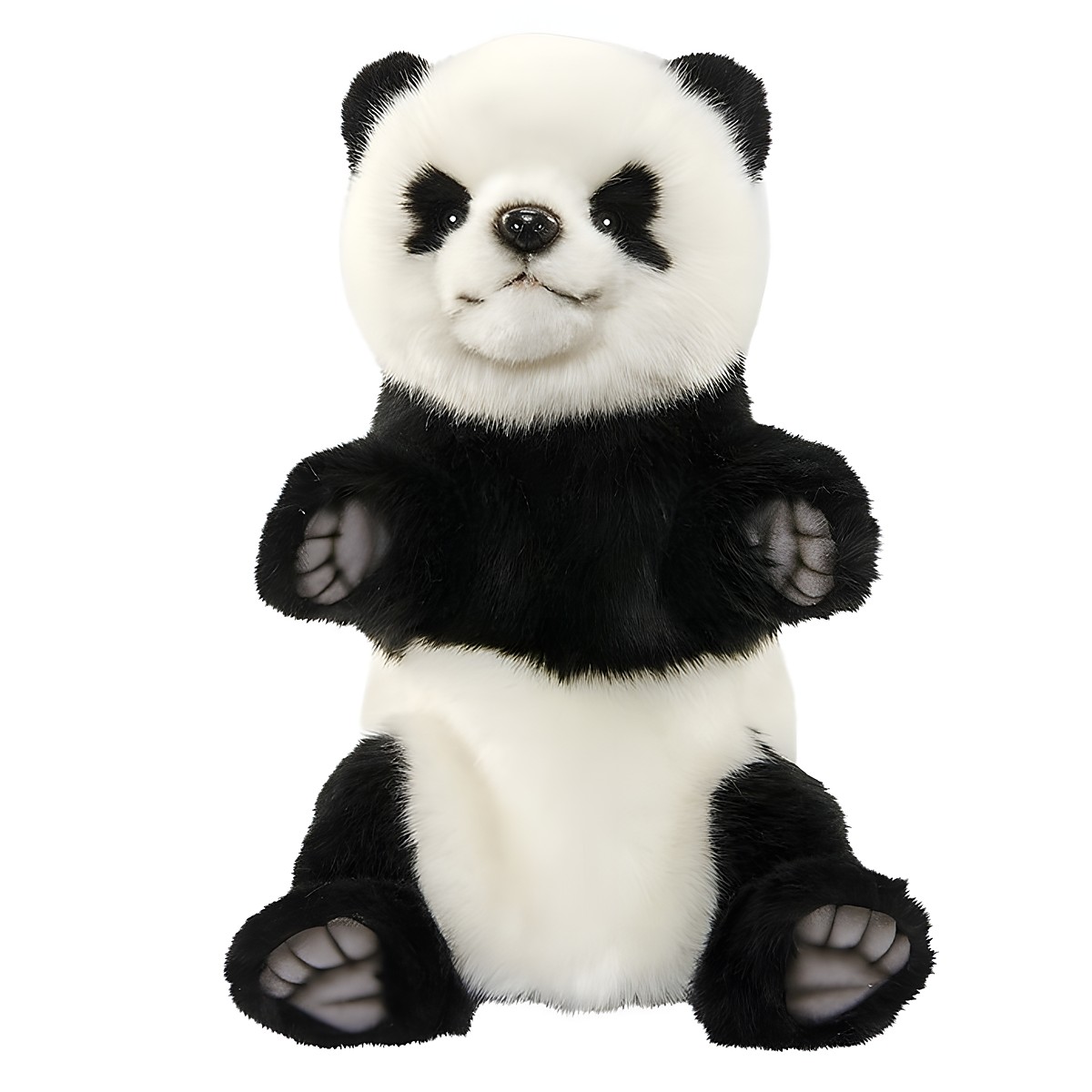 Panda hand puppet by Hansa Creation with black-and-white fur and black eye patches, sitting