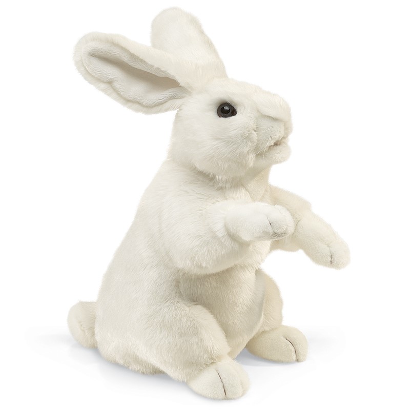 Folkmanis white rabbit hand puppet in an upright pose with long ears and detailed paws, side view