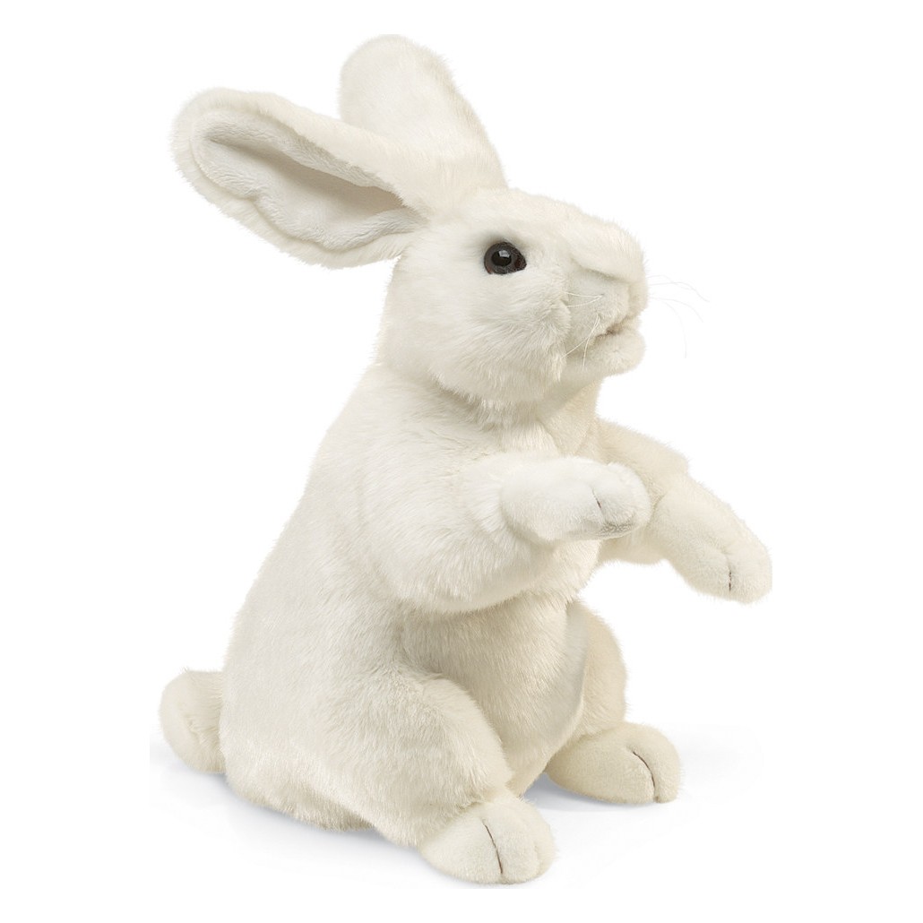 Folkmanis white rabbit hand puppet in an upright pose with long ears and detailed paws, side view