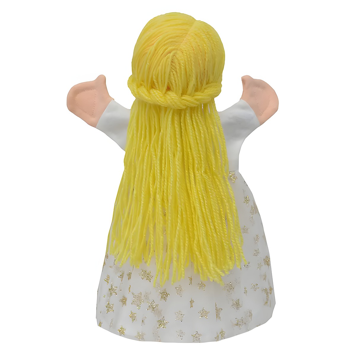 Punch and Judy puppet Cinderella by munabo seen from the back with braided blond hair and star dress