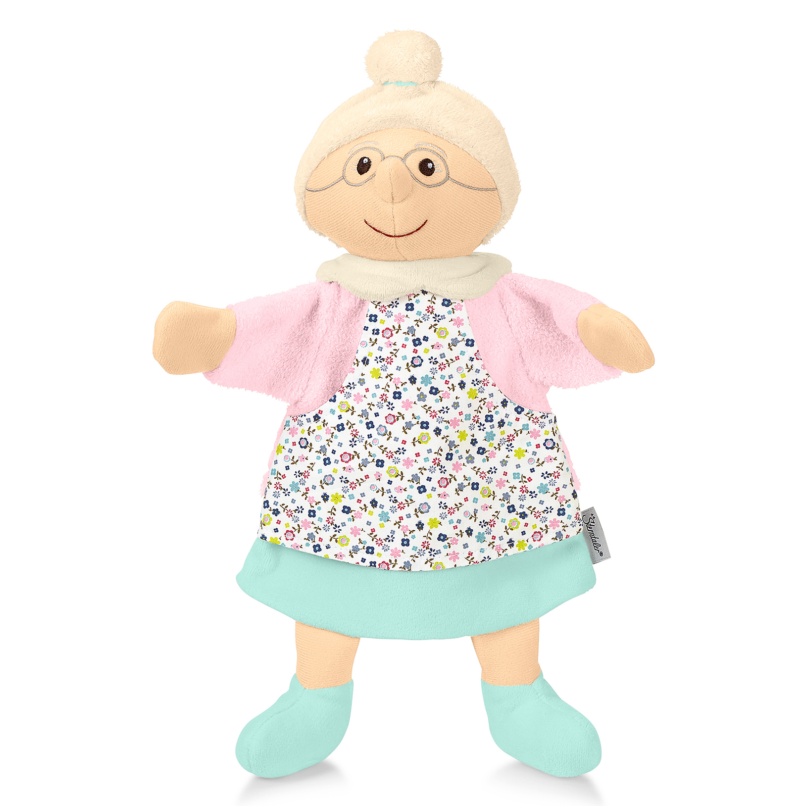 Sterntaler baby hand puppet grandma, blonde bun, round glasses, pink cardigan and a floral dress with a mint-green skirt