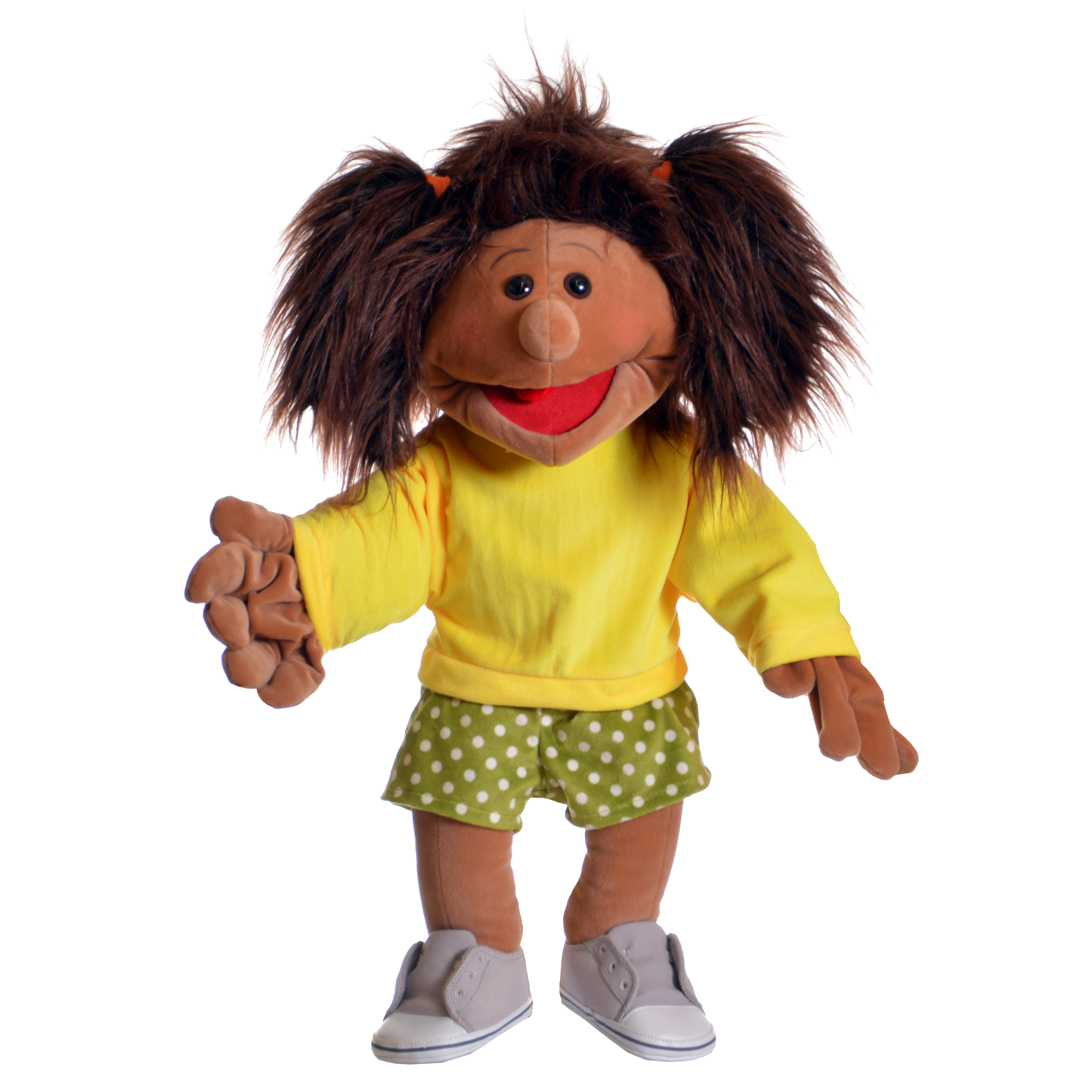 Living Puppets hand puppet Lorie with big dark brown hair tufts, yellow shirt, green dotted shorts and grey shoes