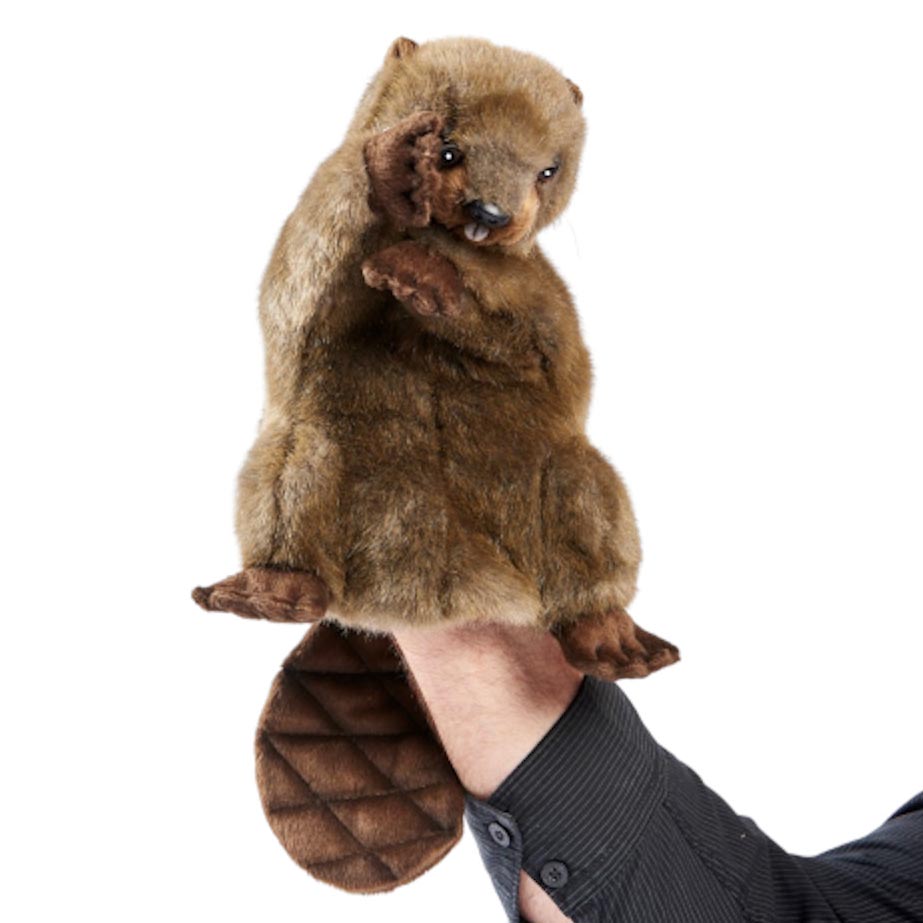 Beaver hand puppet by Hansa Creation with brown fur and a flat, textured beaver tail