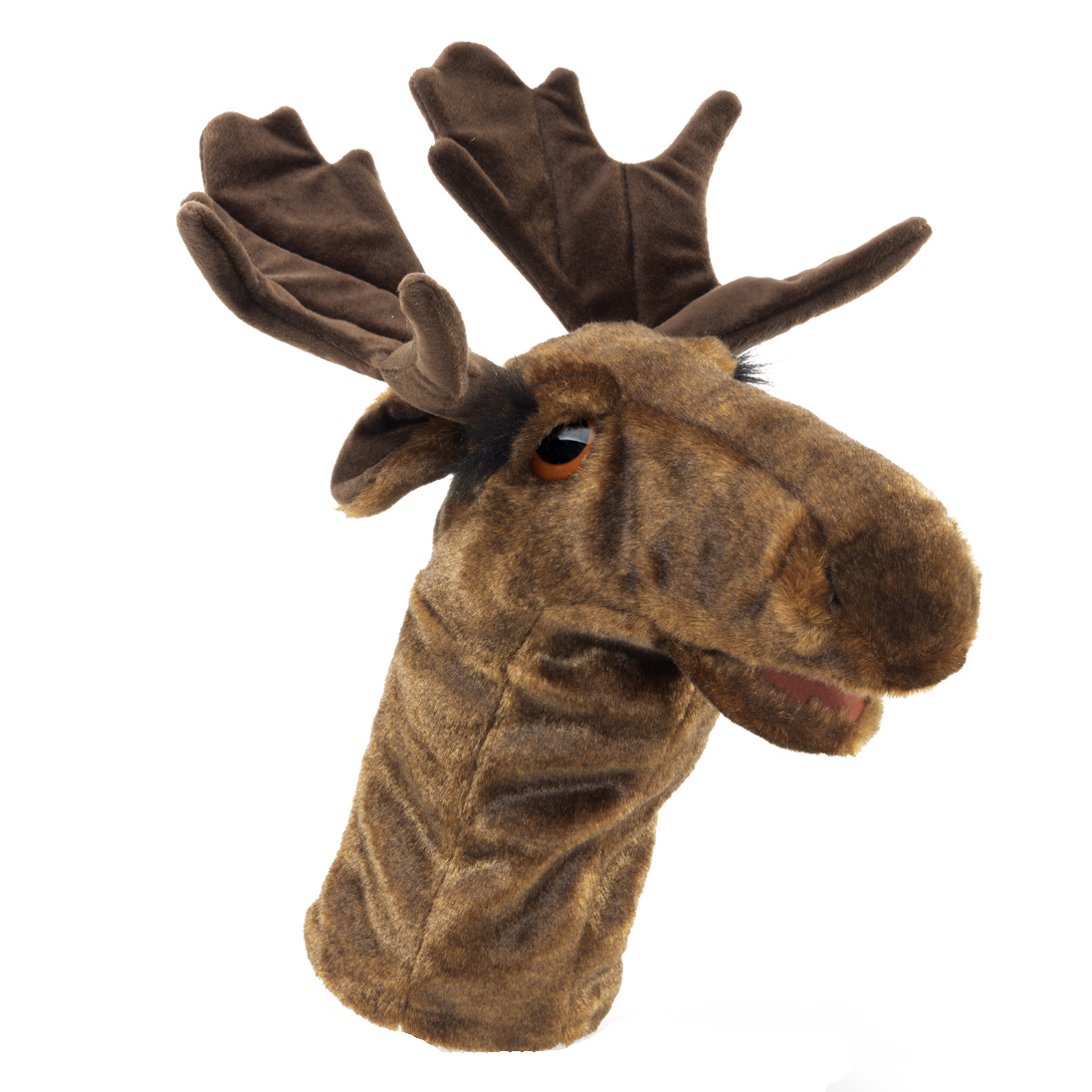 Folkmanis moose hand puppet in side view with prominent palmate antlers and realistically textured brown fur