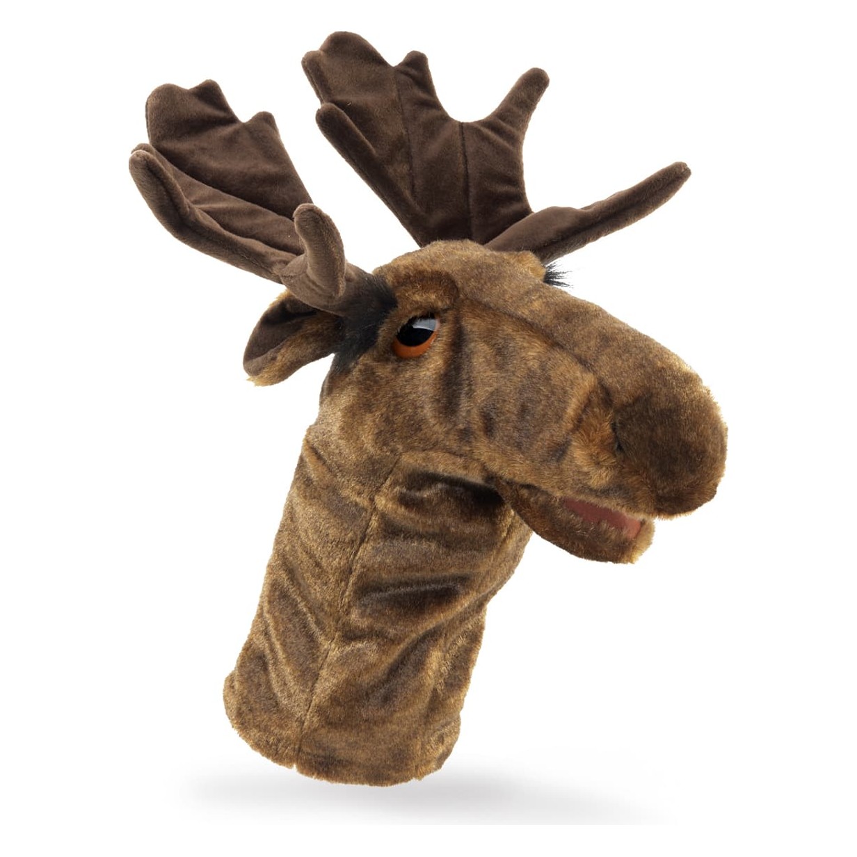 Folkmanis moose hand puppet in side view with prominent palmate antlers and realistically textured brown fur