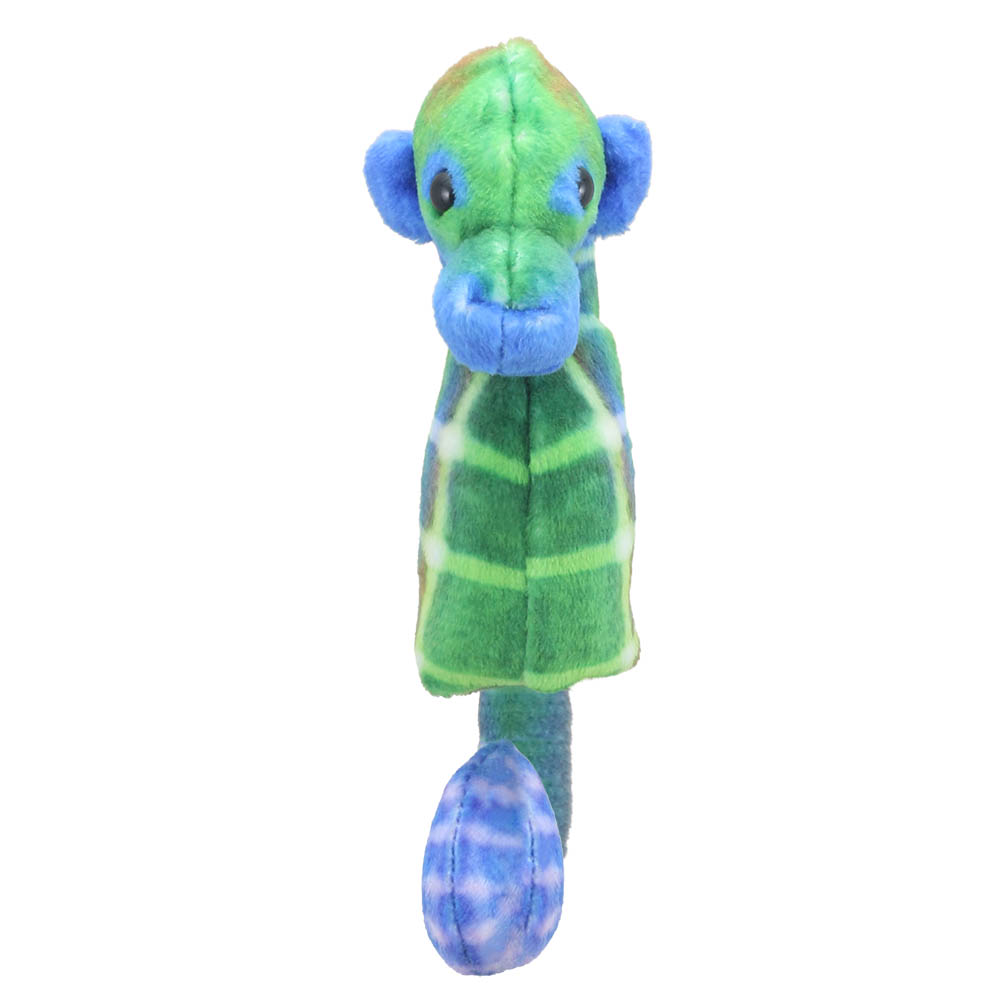 The Puppet Company finger puppet seahorse, green and blue patterned, front view facing the camera