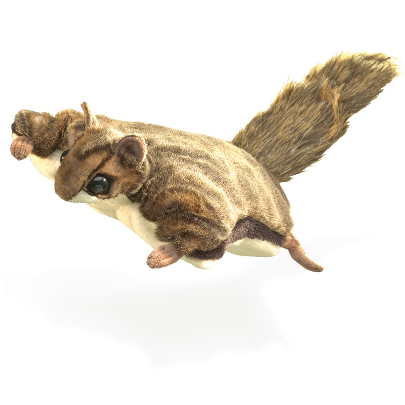 Folkmanis flying squirrel hand puppet in gliding pose, brown striped fur, light belly and bushy tail, side view