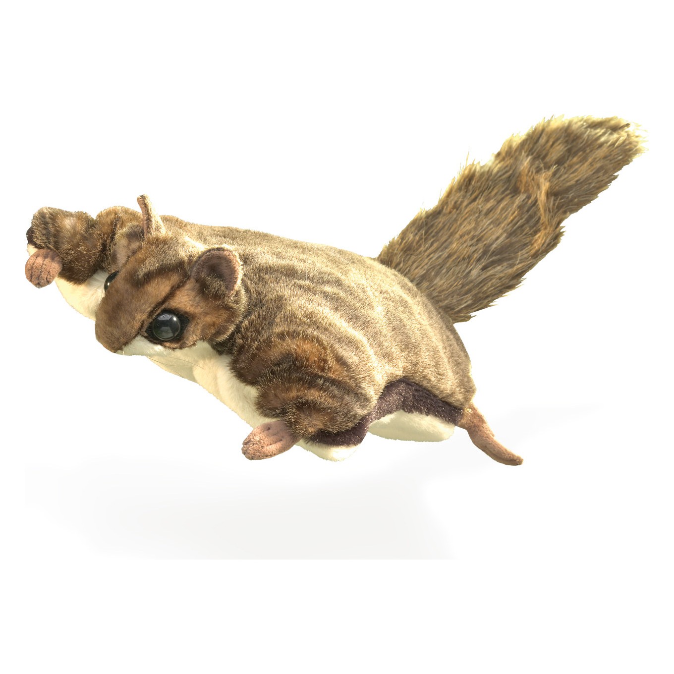 Folkmanis flying squirrel hand puppet in gliding pose, brown striped fur, light belly and bushy tail, side view