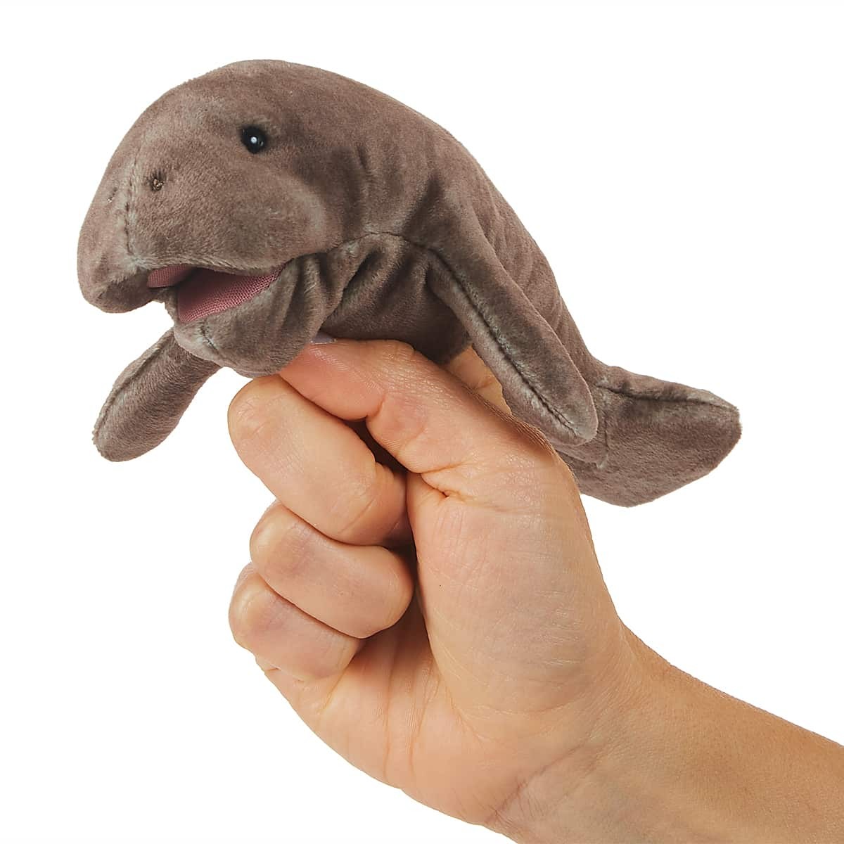 Folkmanis mini manatee finger puppet in grey-brown worn on index finger, open pink mouth, side view