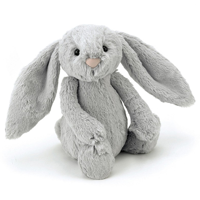 Jellycat plush toy Bashful Bunny Silver Little, silver-grey rabbit plush toy with long floppy ears and a pink nose
