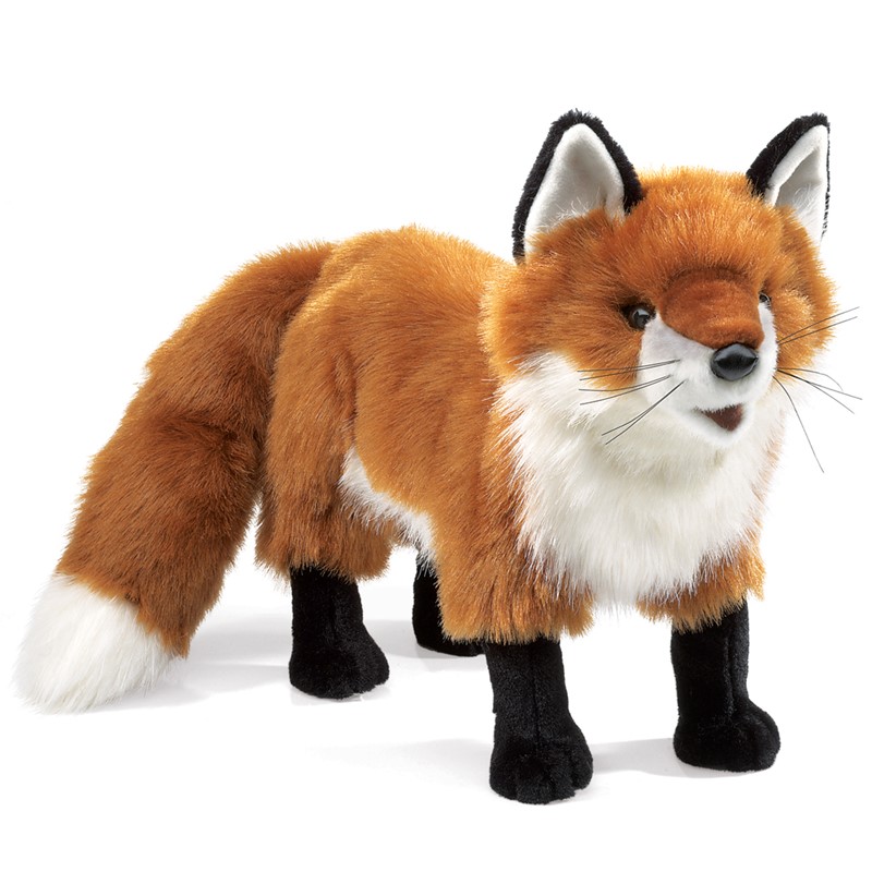 Folkmanis large red fox hand puppet standing, red-brown fur with white chest and black paws, side view