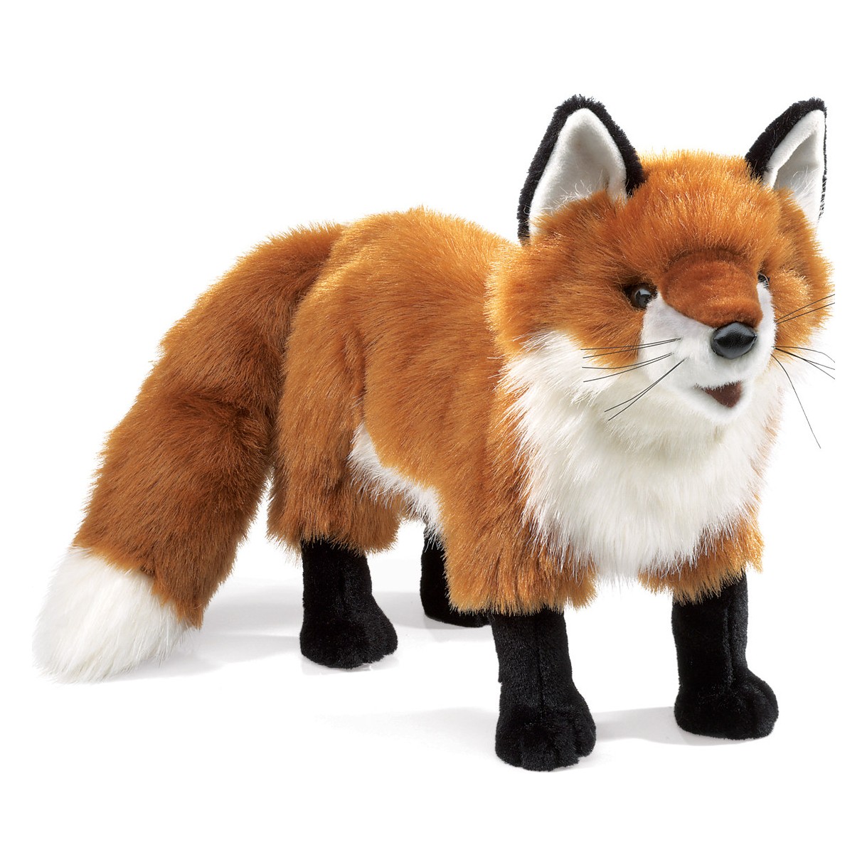 Folkmanis large red fox hand puppet standing, red-brown fur with white chest and black paws, side view