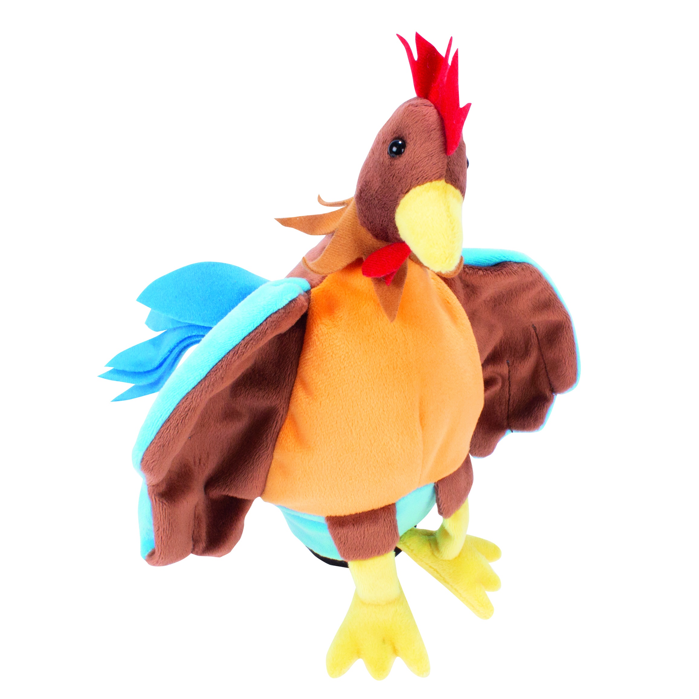 Beleduc hand puppet rooster with brown plumage, a red comb, an orange belly and blue and brown wings