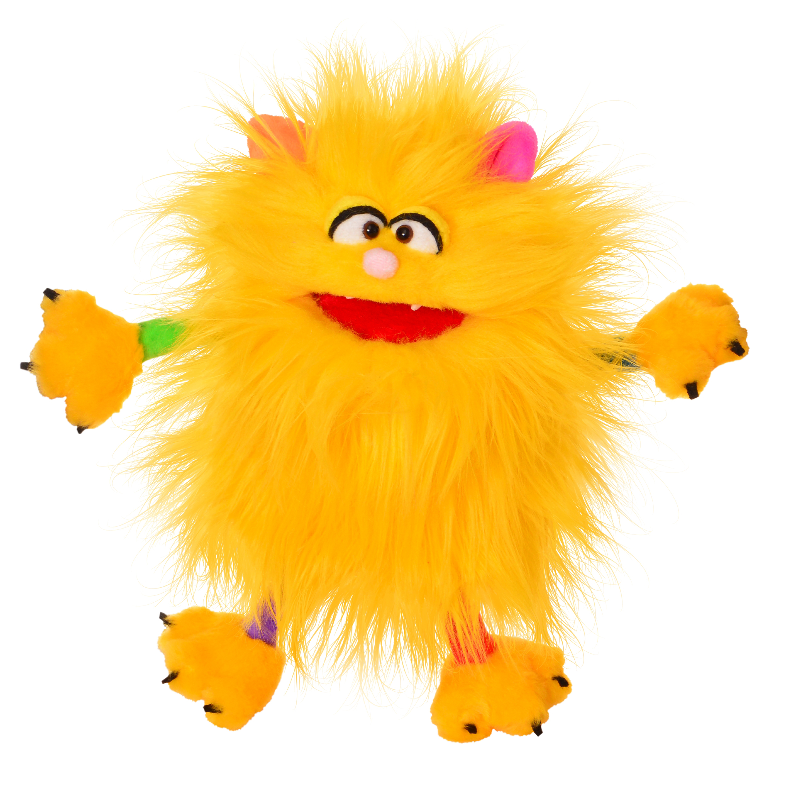 Living Puppets hand puppet Klein Schickimicki, yellow shaggy monster with pink ears and an open red mouth, front view