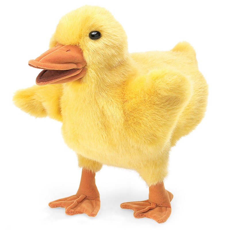 Folkmanis duckling hand puppet in yellow with open orange-brown beak, standing in side view