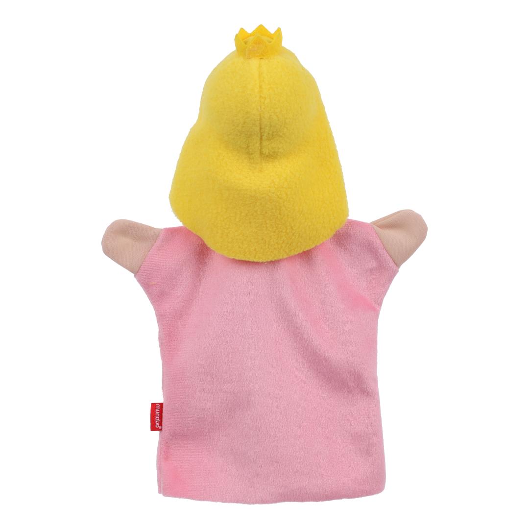 Princess hand puppet by munabo, rear view of the yellow hair falling over the pink dress.