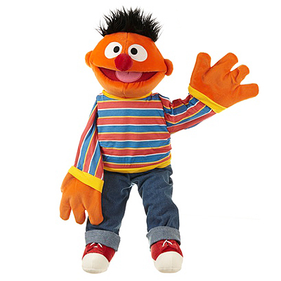 Living Puppets hand puppet Big Ernie from Sesame Street with striped shirt and jeans, waving