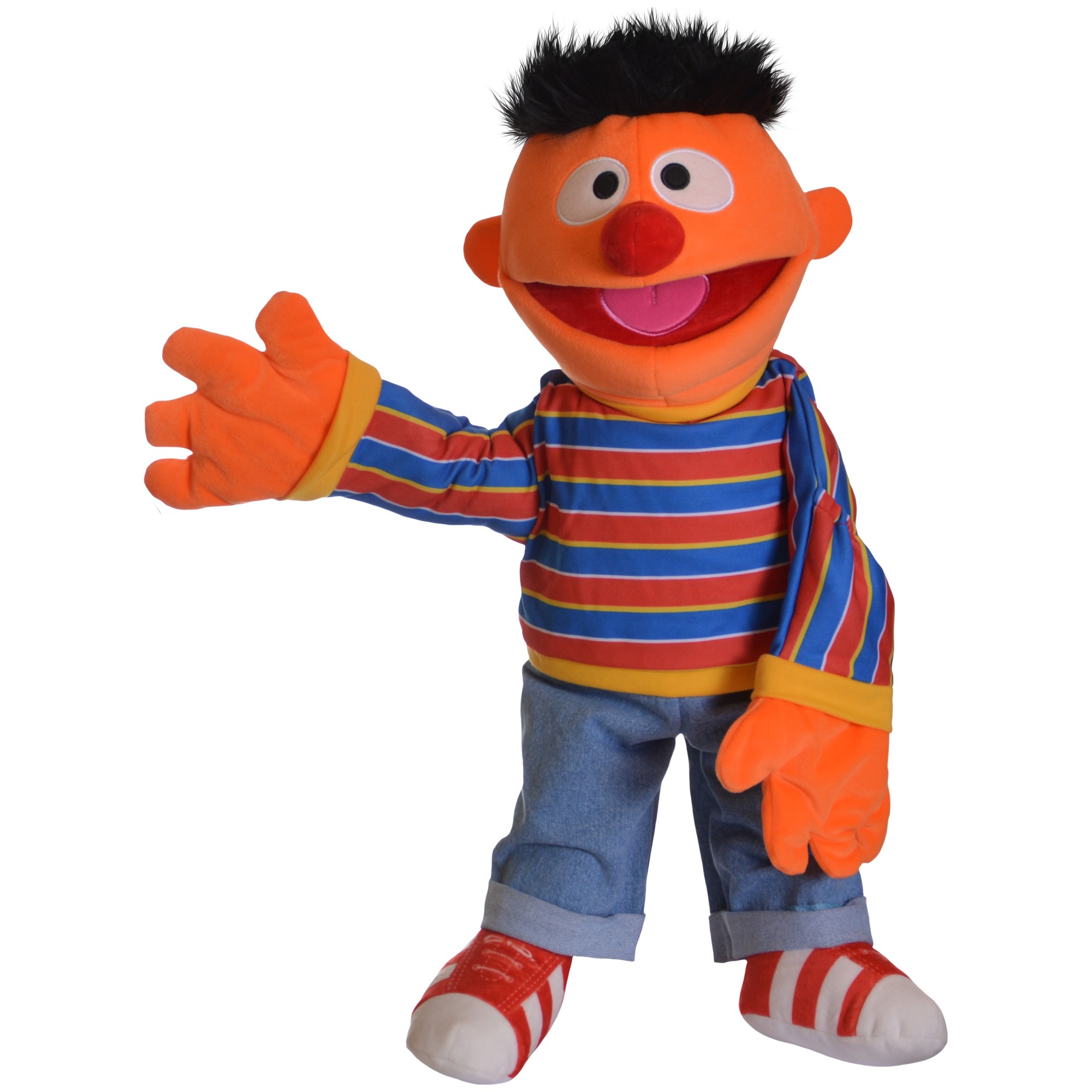 Living Puppets hand puppet Big Ernie from Sesame Street with striped shirt and jeans, waving
