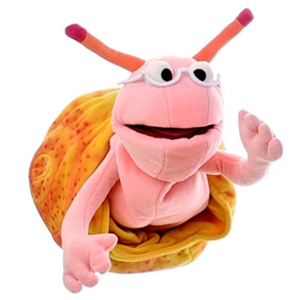 Living Puppets hand puppet Little Finchen from Sesame Street, pink snail with a yellow patterned shell, white glasses and orange antennae