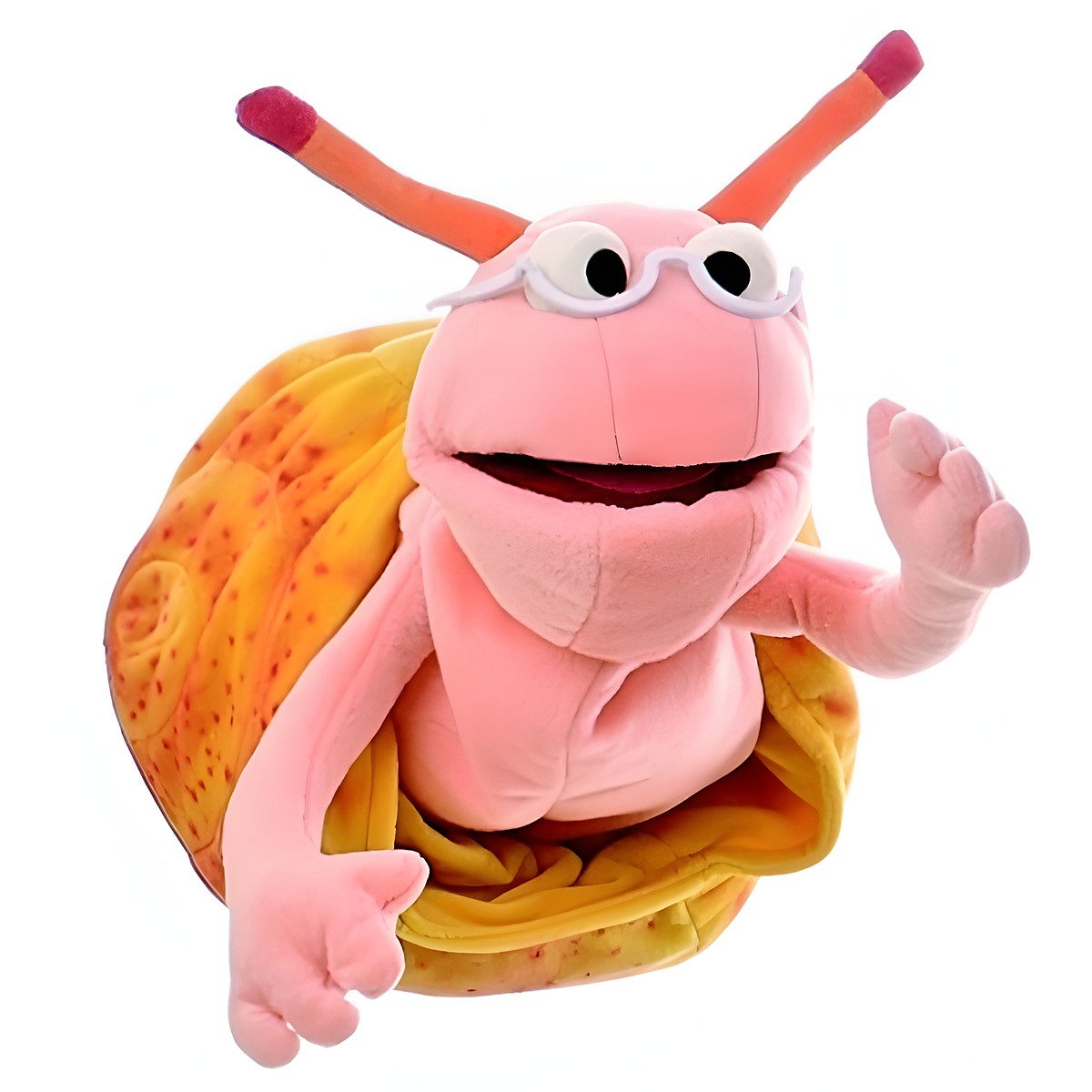 Living Puppets hand puppet Little Finchen from Sesame Street, pink snail with a yellow patterned shell, white glasses and orange antennae