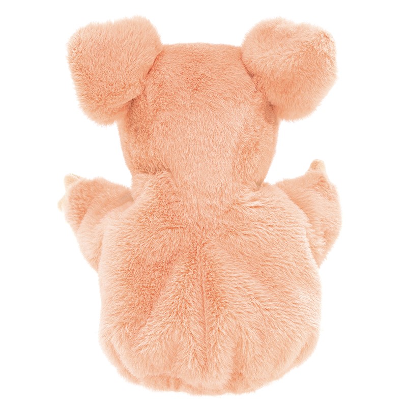 Folkmanis little pig hand puppet in soft pink, rear view showing rounded ears and plush fur