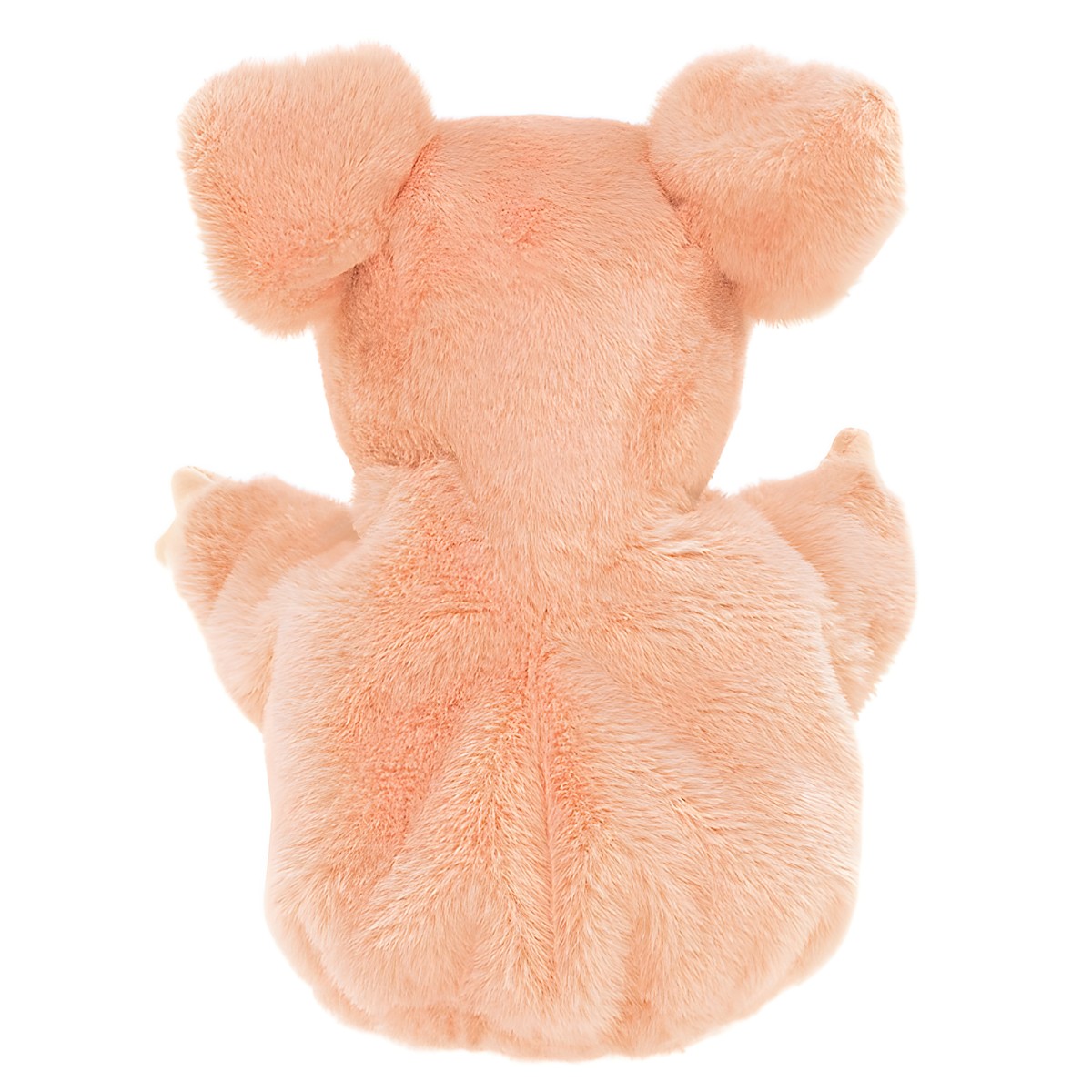 Folkmanis little pig hand puppet in soft pink, rear view showing rounded ears and plush fur
