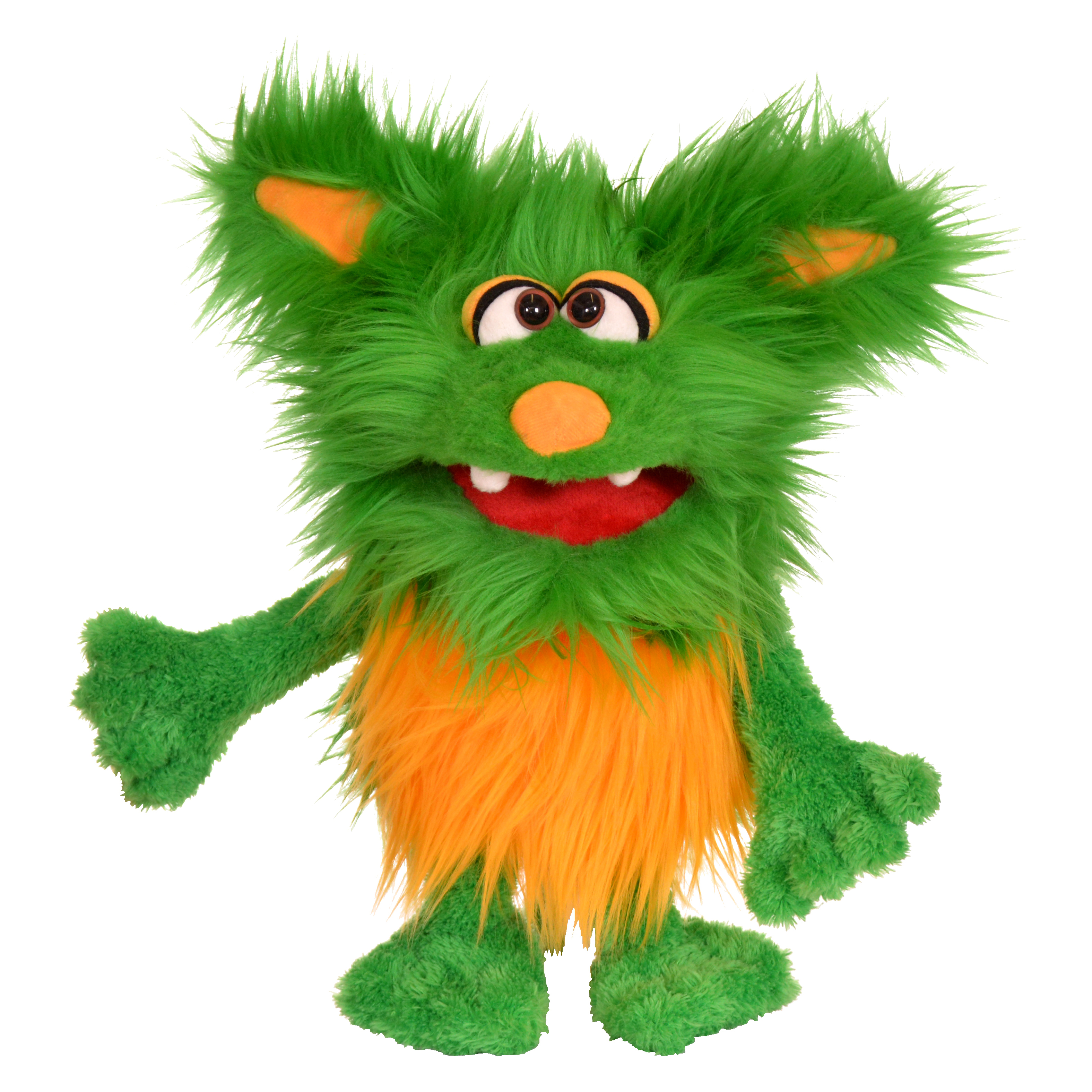 Living Puppets hand puppet Schotter from the Monster to go series, green shaggy monster with orange belly fur and ears, one arm outstretched