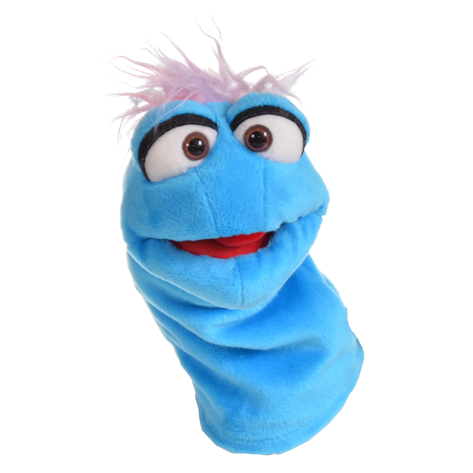 Living Puppets sock puppet Büffelchen from the chatter worm family, light blue with a pink tuft of hair and a red mouth, front view