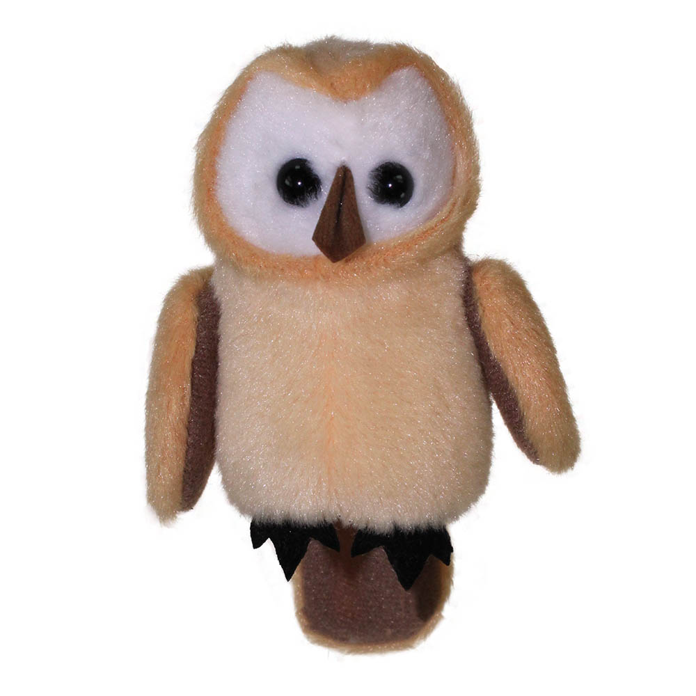 The Puppet Company finger puppet barn owl, cream owl with a heart-shaped face and dark wings
