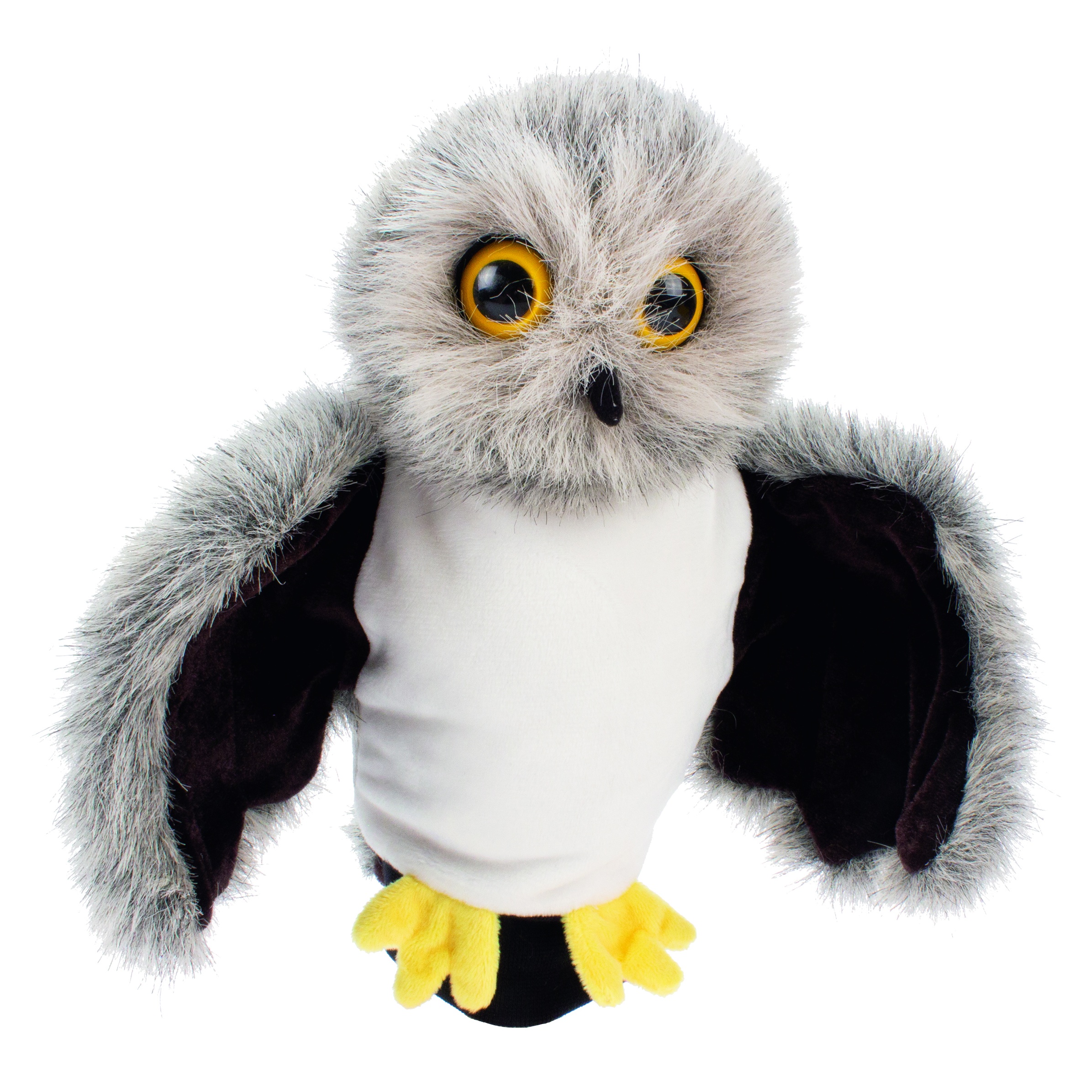 Beleduc hand puppet owl with grey plumage, a white chest, yellow eyes and outstretched wings
