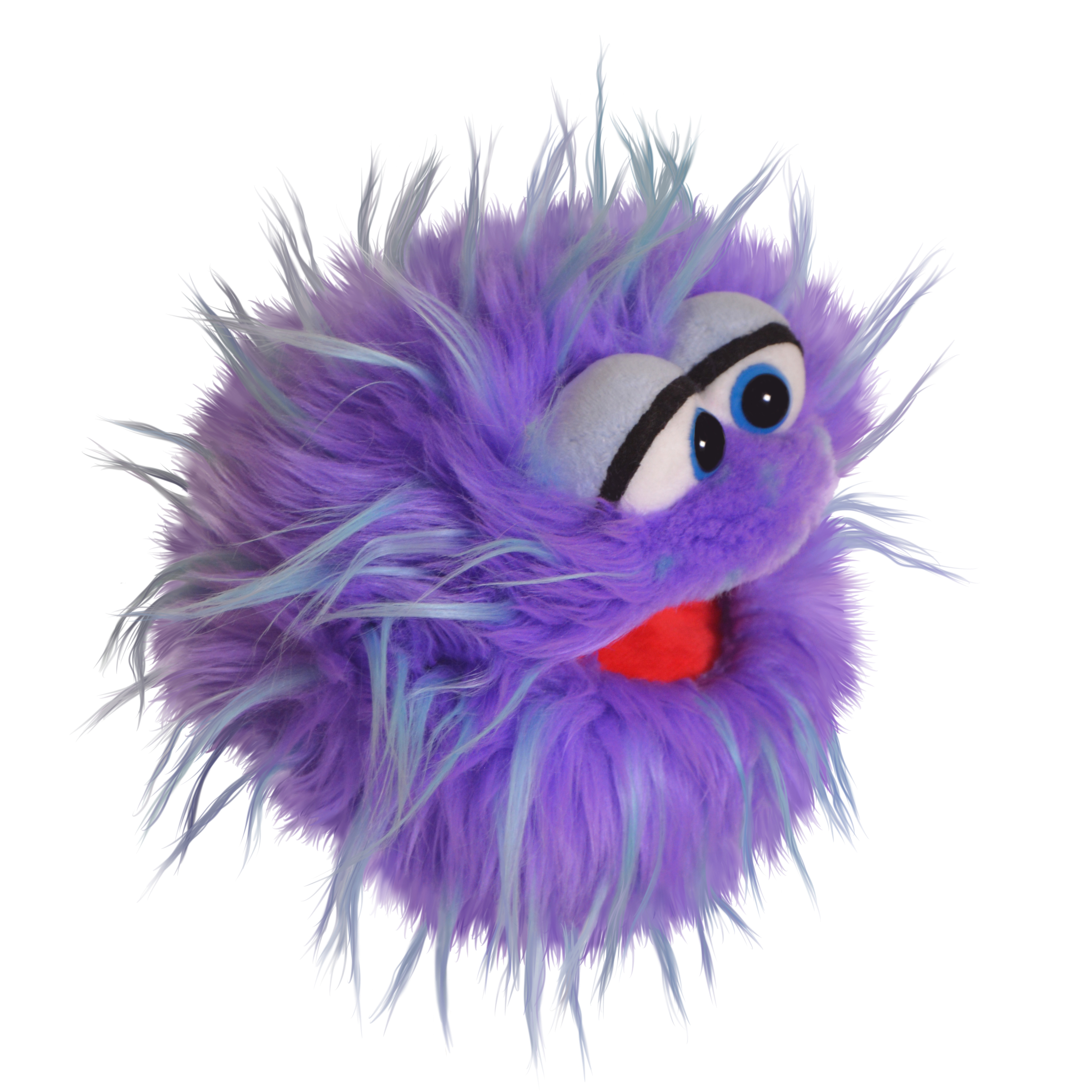Living Puppets hand puppet Tusch, purple shaggy monster with light blue strands, half-closed eyes and an open red mouth