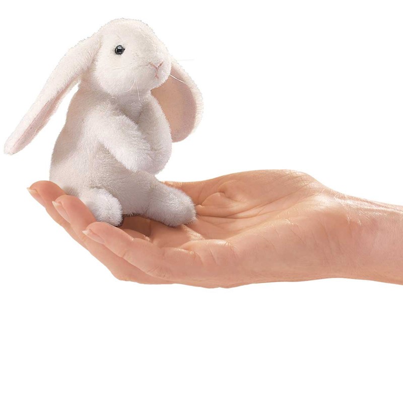 Folkmanis mini finger puppet white lop ear rabbit sitting upright on an open palm, size comparison