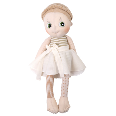 Rubens EcoBuds doll Hazel with light bonnet, striped top and white skirt with bow