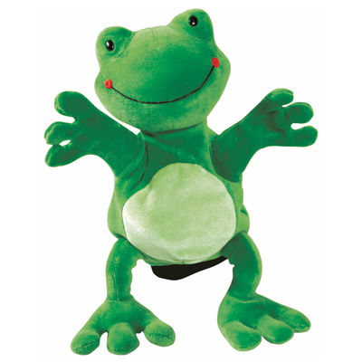 Beleduc hand puppet frog with a green body, a light green belly and outstretched arms