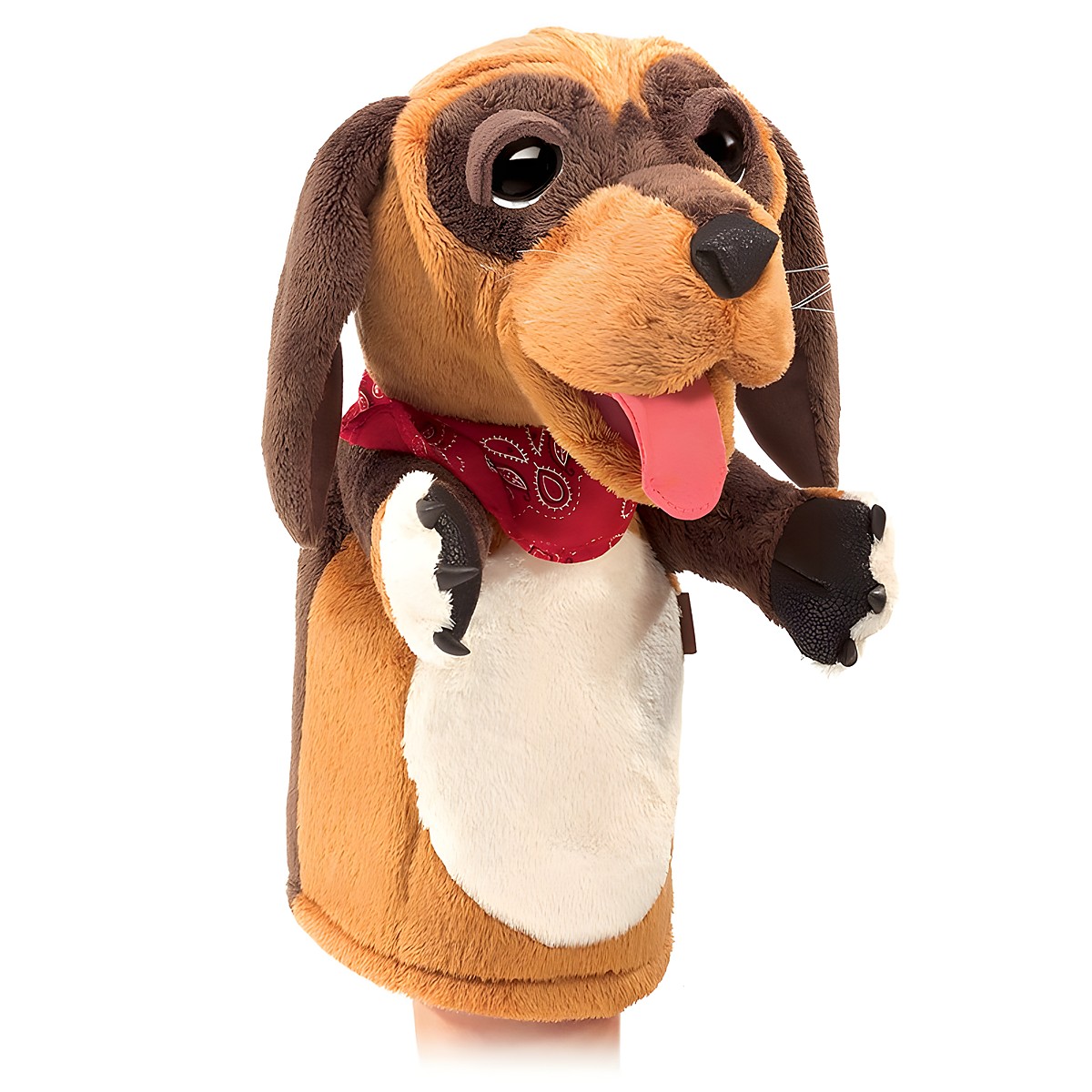 Folkmanis dog hand puppet with brown plush fur, outstretched tongue and red neckerchief, side view