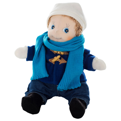 Rubens doll in the blue duffle coat with white hat and turquoise knitted scarf