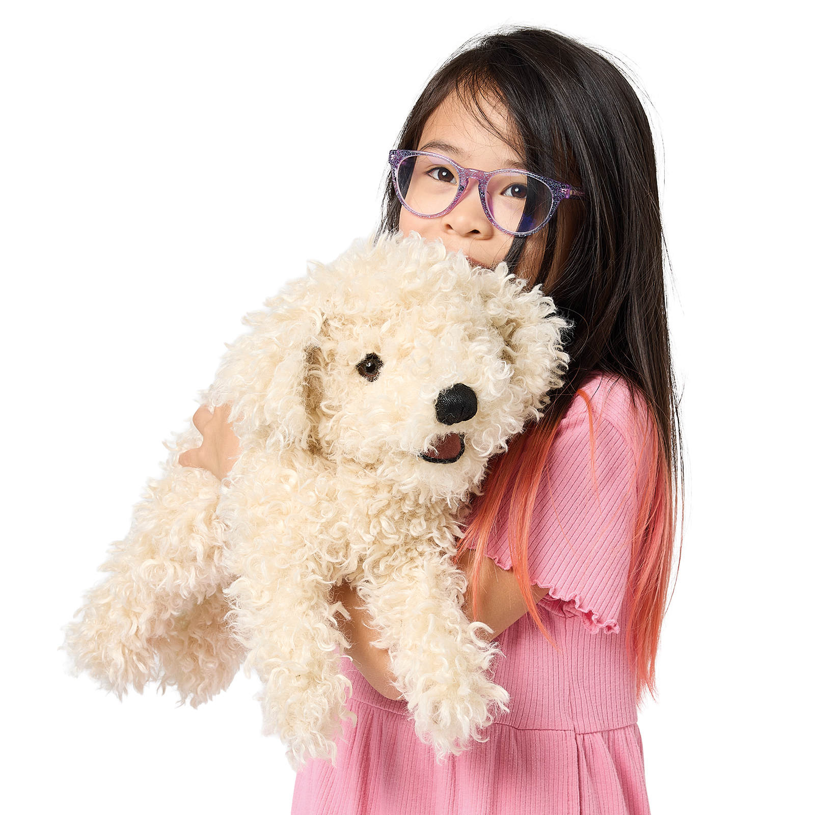 Girl with purple glasses holding the Folkmanis white poodle puppy hand puppet with curly cream fur against a white background