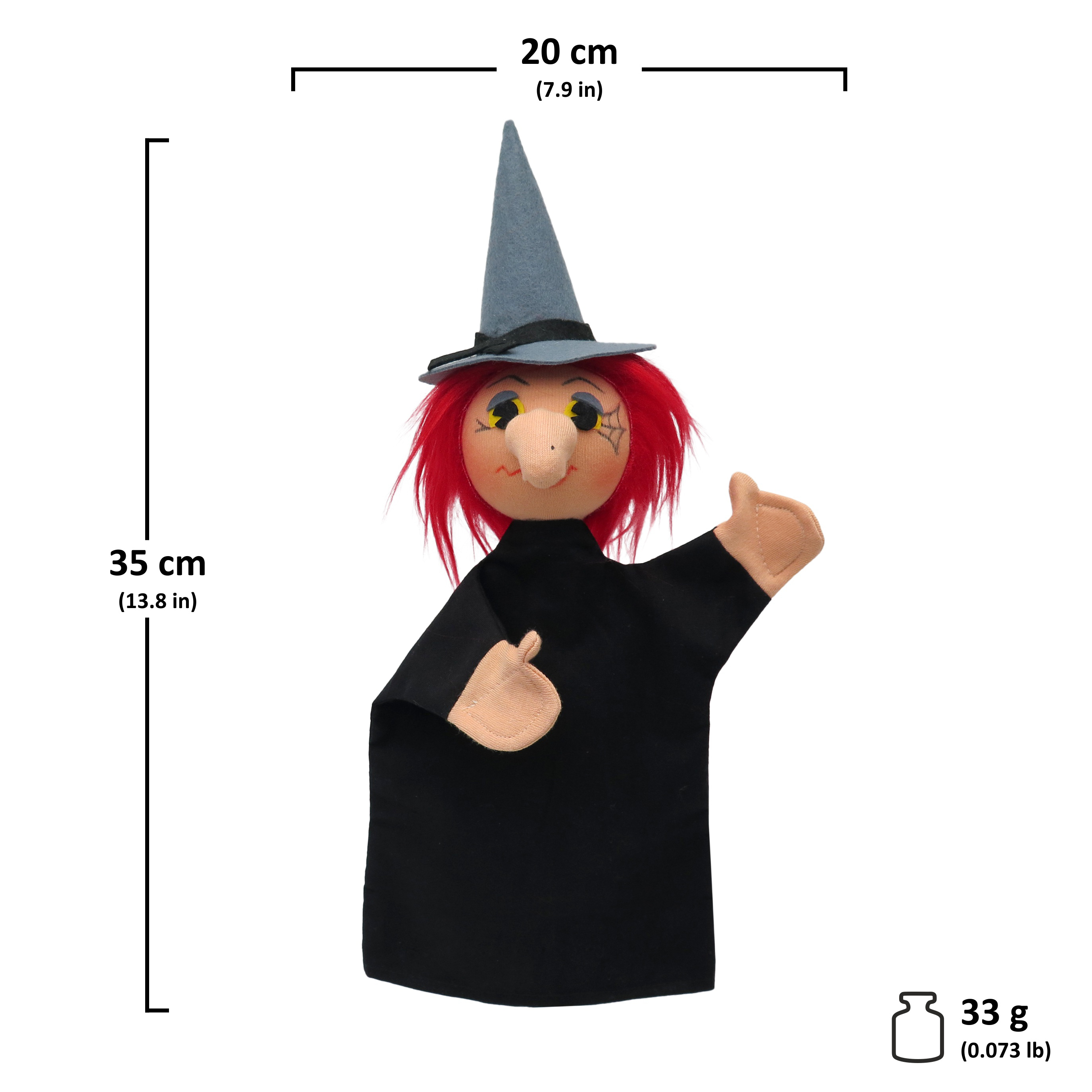 Punch and Judy puppet witch in black by munabo with red hair and grey pointed hat, image with size chart