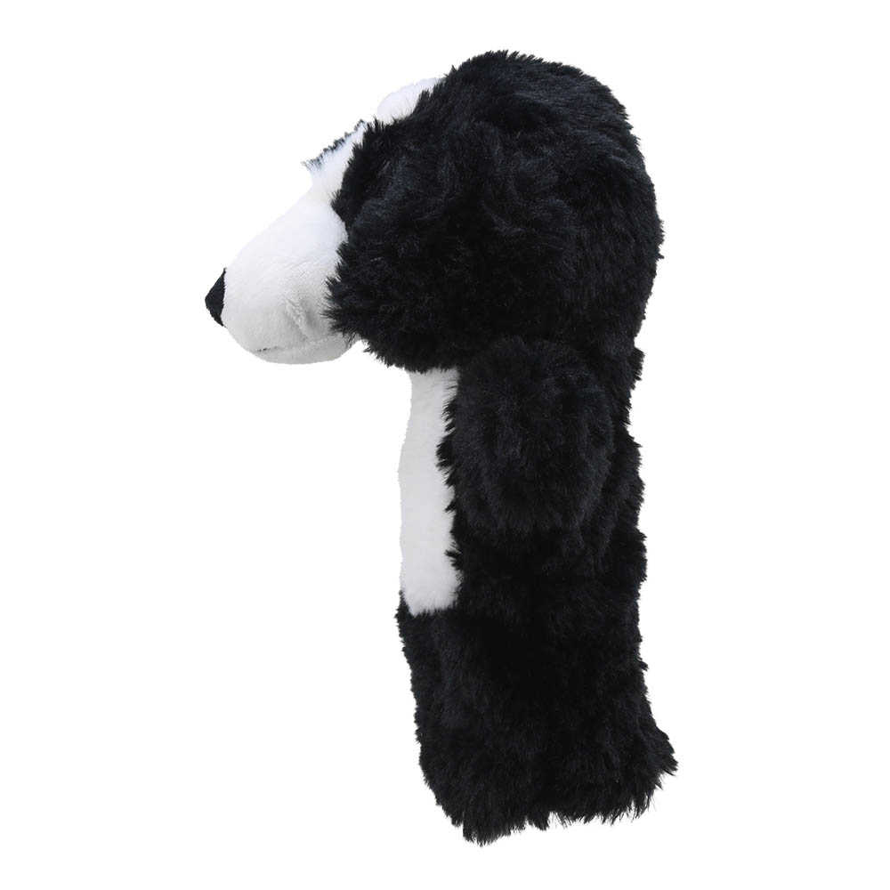 The Puppet Company hand puppet border collie, back view with black fur and the ears visible from behind