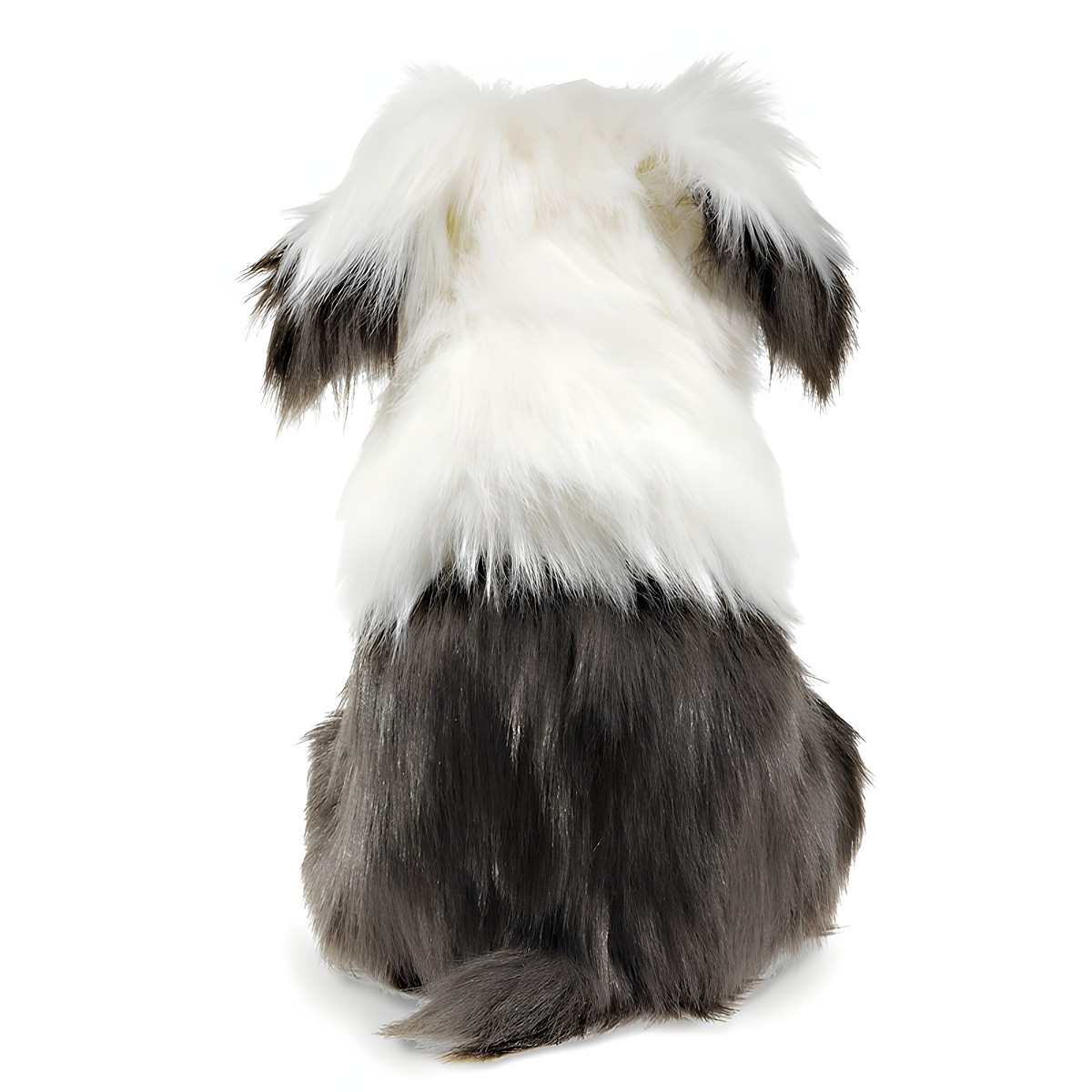 Folkmanis Old English Sheepdog hand puppet from behind, long white and grey shaggy fur