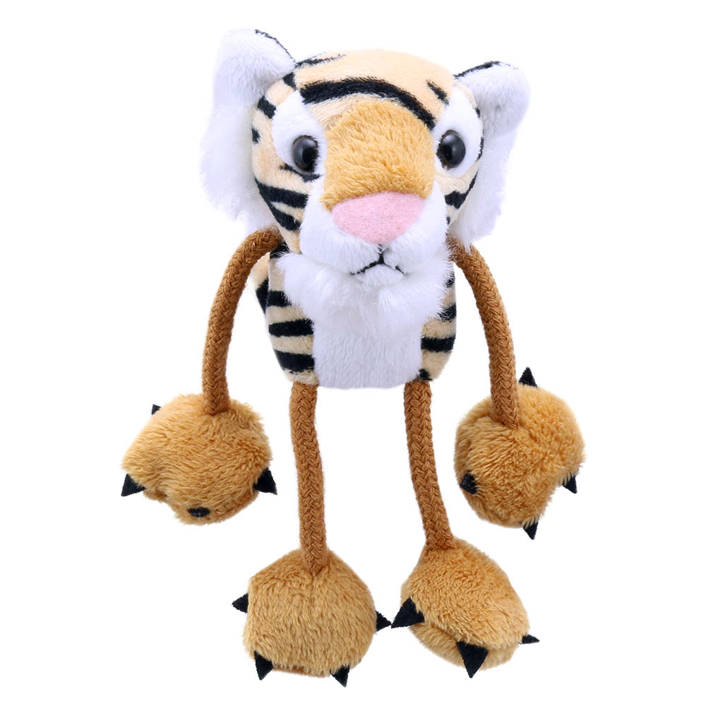 The Puppet Company finger puppet tiger, orange and white striped puppet with long fabric legs