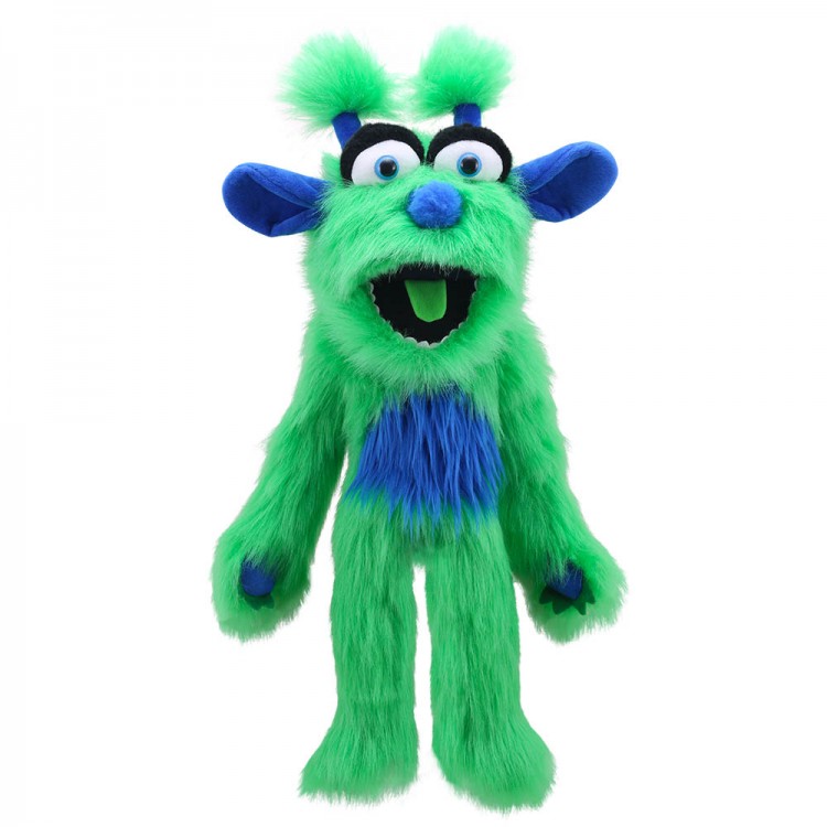 The Puppet Company monster hand puppet green, green shaggy monster with blue ears and a blue belly patch