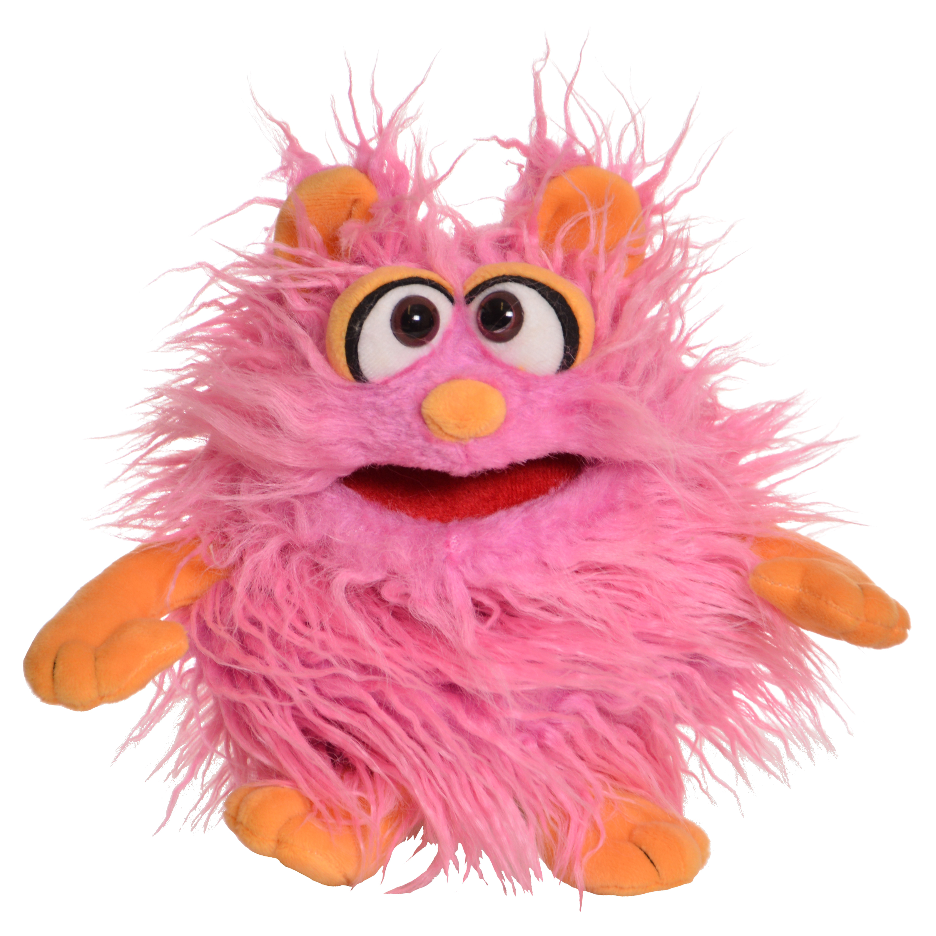 Living Puppets hand puppet Tröte from the Monster to go series, pink shaggy monster with orange ears, hands and feet, front view