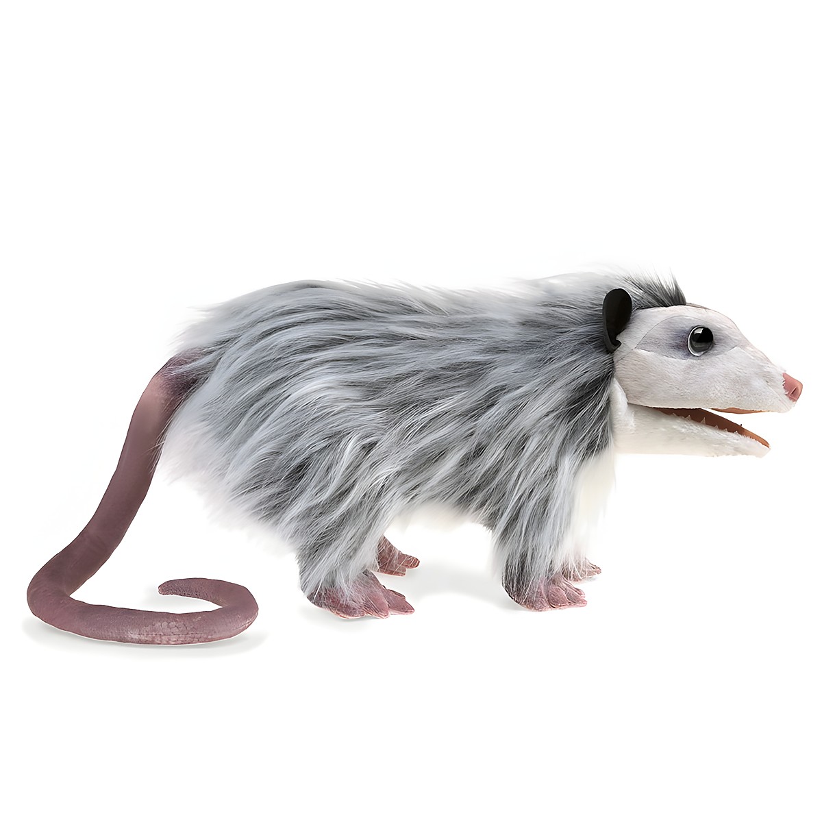 Folkmanis opossum hand puppet shown from the side with grey-white long fur, naked prehensile tail and open mouth