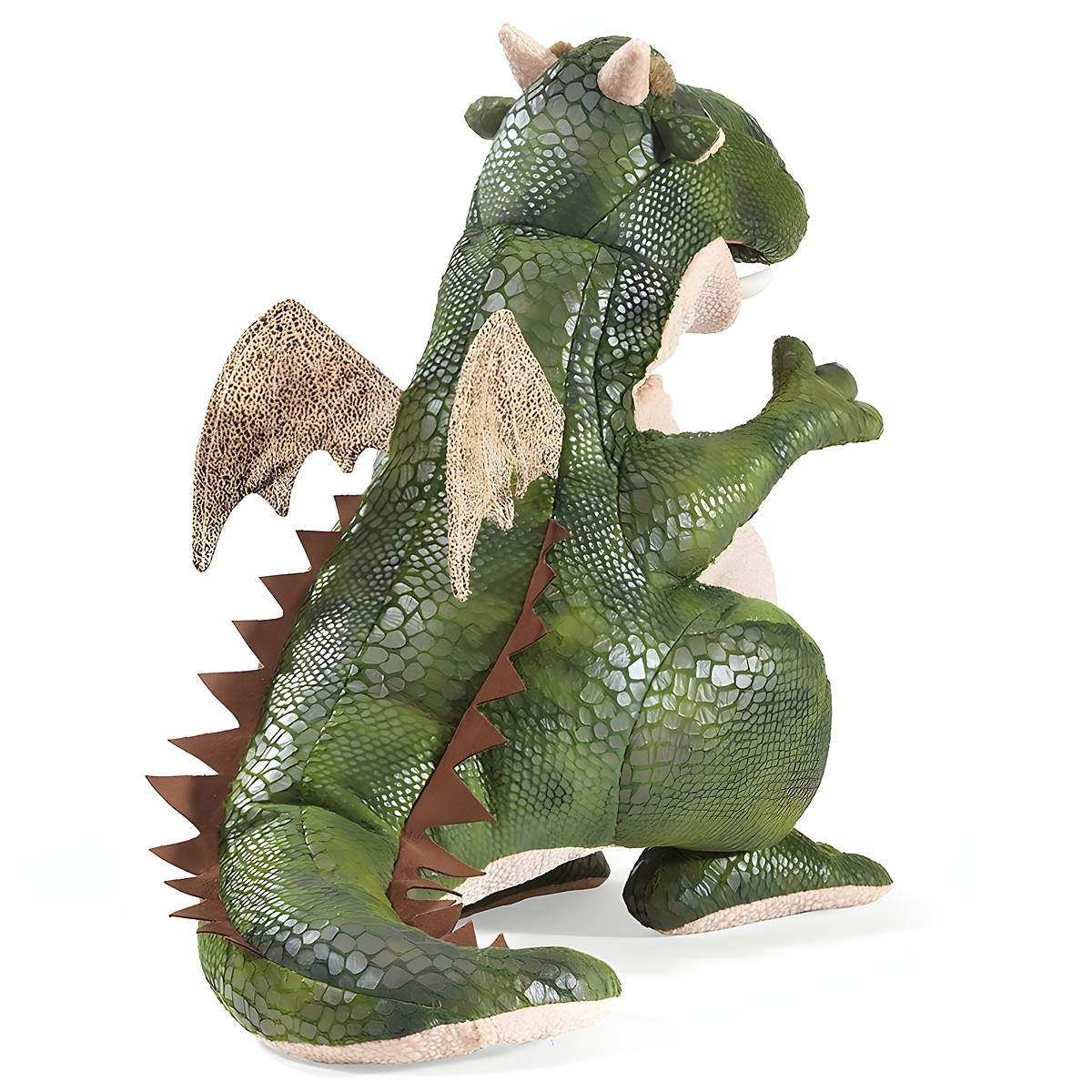 Folkmanis hand puppet green dragon with scale texture, brown wings and back fins, shown in side view