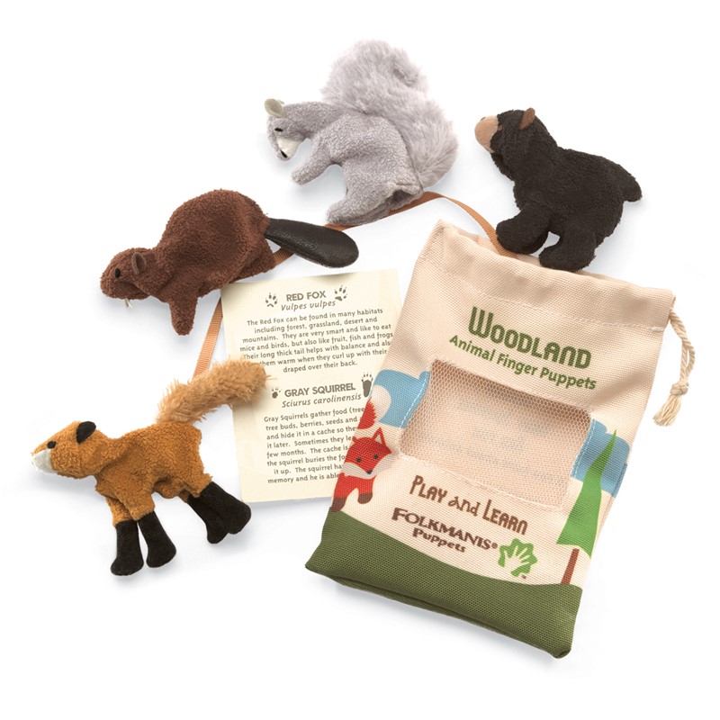Folkmanis Woodland finger puppet set with fox, squirrel, beaver and bear, plus fabric pouch and learning card